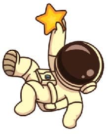 Cartoon astronaut floating downwards and reaching up to grab a star