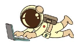 Cartoon astronaut floating while using a laptop