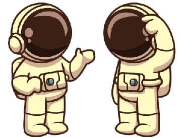 Two cartoon astronauts. One is gesturing as if explaining something while the other scratches their head in thought.